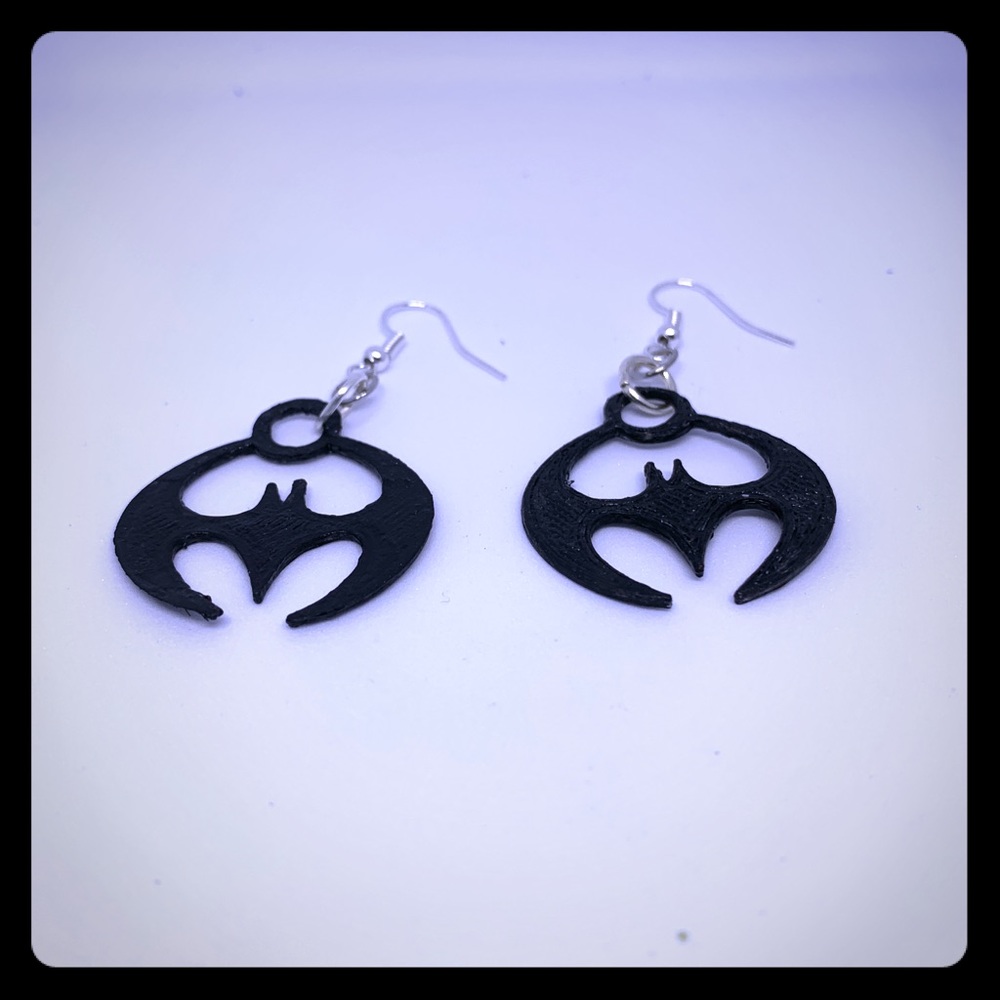 New Handmade Sterling Silver Black Batman Emblem Dangle Earrings
